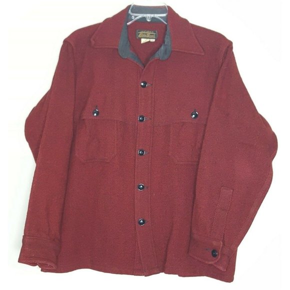 Vtg Eddie Bauer Heavy Red Black Wool Twill Shirt Hipster Style Cape Back L